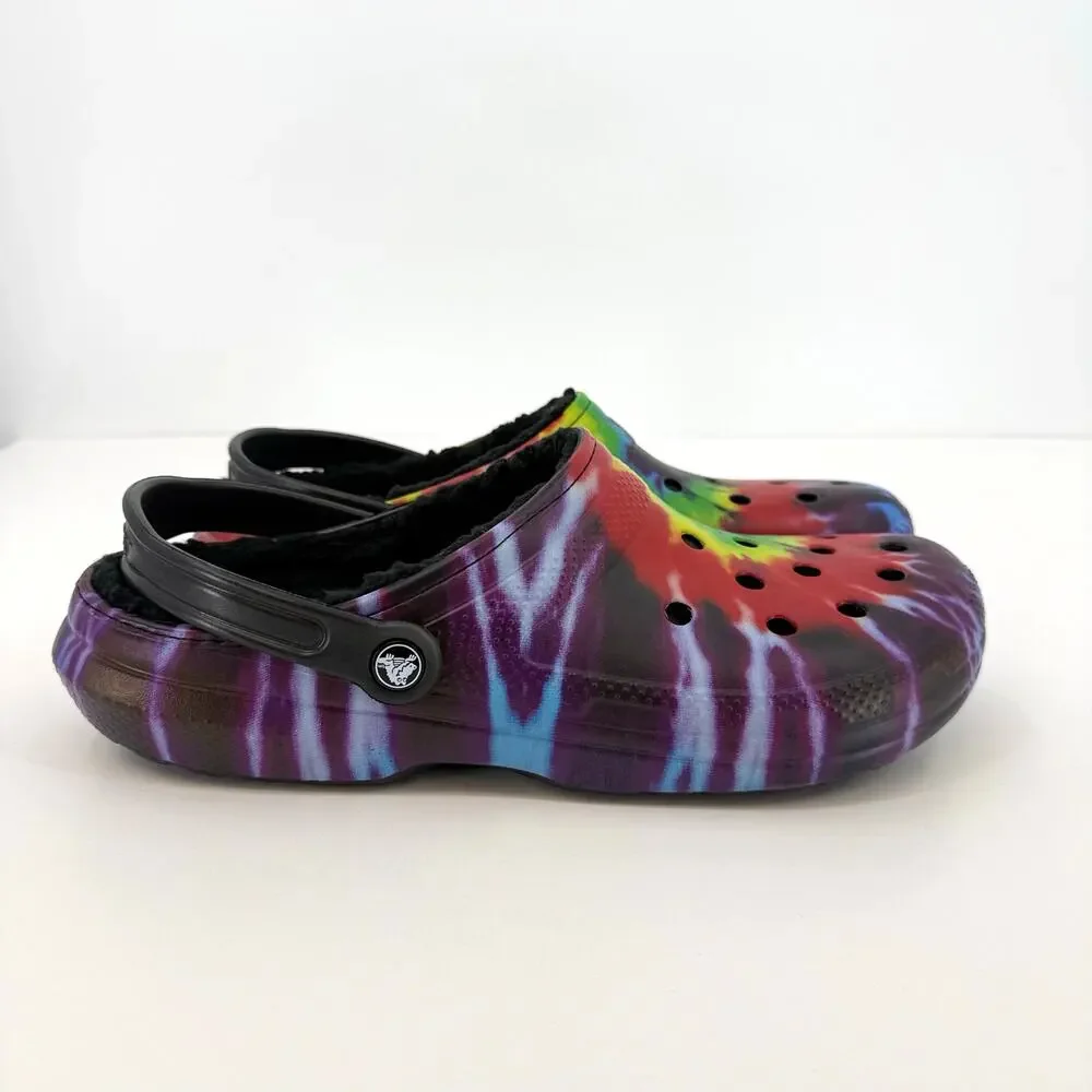 Crocs Tie Dye Classic Lined Clogs Mens Size 13 Multicolor Fuzzy Slippers Shoes